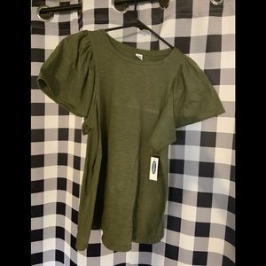 Medium dark green short sleeved shirt. Shirt has large/ wide ruffles arms.